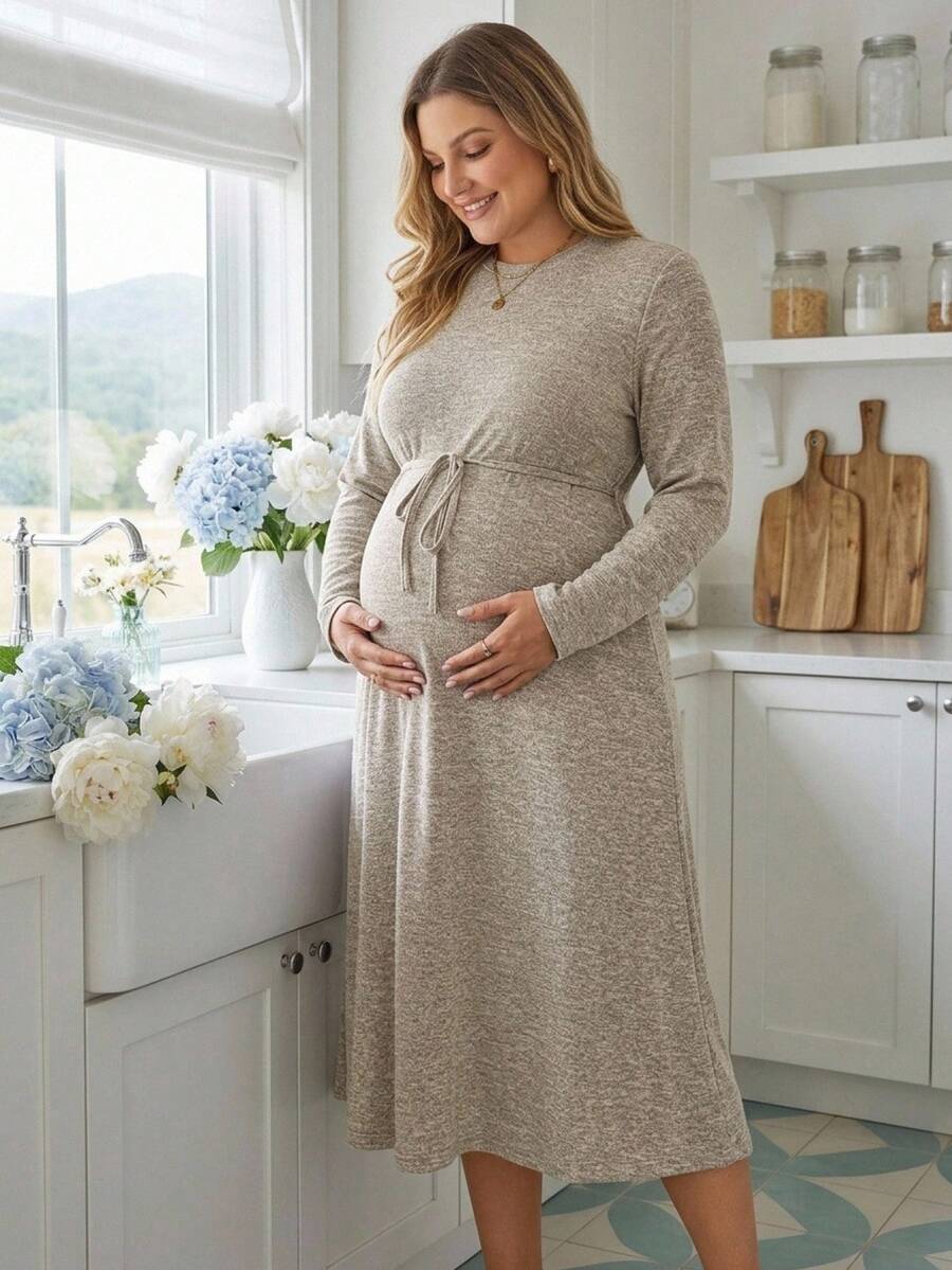 Plussiva Plus Size Maternity Casual Drawstring Waist Dress Fall - Grey - View 1