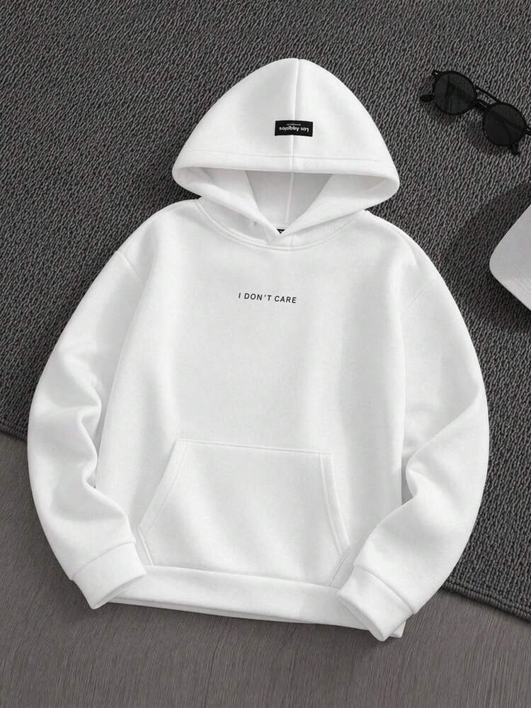 Manfinity VCAY Men's Hoodie With Slogan Print, Patch Details And Thermal Lined, For Fall Winter, Couple Things, Vacation, Father's Day Gifts, Football - White - View 1
