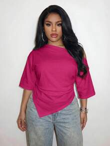 Slaydiva 2026 Spring/Summer Women's Plus Size Solid Color Asymmetrical T-Shirt - Hot Pink - View 7