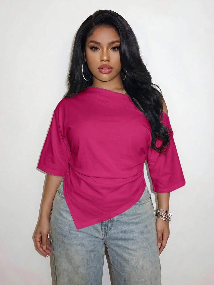 Slaydiva 2026 Spring/Summer Women's Plus Size Solid Color Asymmetrical T-Shirt - Hot Pink - View 7