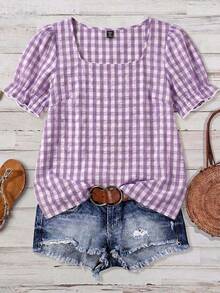 Linhara Plus Size Bubble Wrinkle Plaid Pattern Spring Summer Square Neck Puff Sleeve Casual 1920s Vacation Blouse Shirt For Women Date Night Purple - Purple - View 1