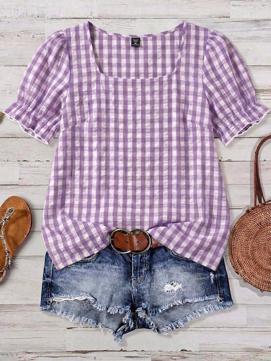 Linhara Plus Size Bubble Wrinkle Plaid Pattern Spring Summer Square Neck Puff Sleeve Casual 1920s Vacation Blouse Shirt For Women Date Night Purple - Purple - View 1