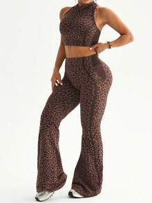 Rhythm Era Women's Seamless Plus Size Leopard Print Sports Set Tank Top Flare Pants Gym Sports Chocolate Brown Summer - Multicolor - View 5