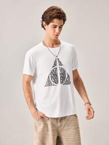 Strevion Harry Potter 男士简约哈利波特黑色三角形Logo印花圆领短袖T恤，夏季款 - 白色 - 查看 3