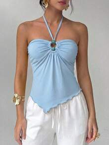 Aloruh Spring/Summer New Sexy Hot Girl Music Festival Party Night Out Vacation Bohemian Light Blue Beaded Cutout Asymmetrical Hem Halter Tank Top - Baby Blue - View 7