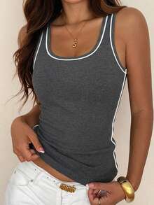 DAZY Summer Casual Colorblock Trim Tank Top - Brown - View 4