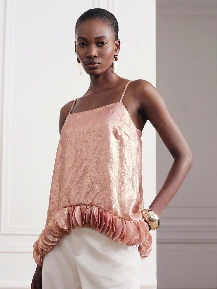 Aveloria Modichic Women's Cami Tops Slim Loose Fit Textured Satin Spaghetti Strap 3D Layered Ruffle Hem Elegant Party Cocktail Date Rose Gold Solid Going Out Summer - Pink - View 4
