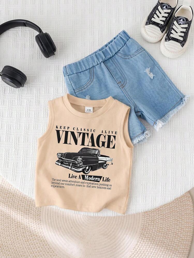SHEIN 2pcs Baby Boy Summer Casual Street Chic Car Graphic Tank Top And Denim Shorts Set - Multicolor - View 6