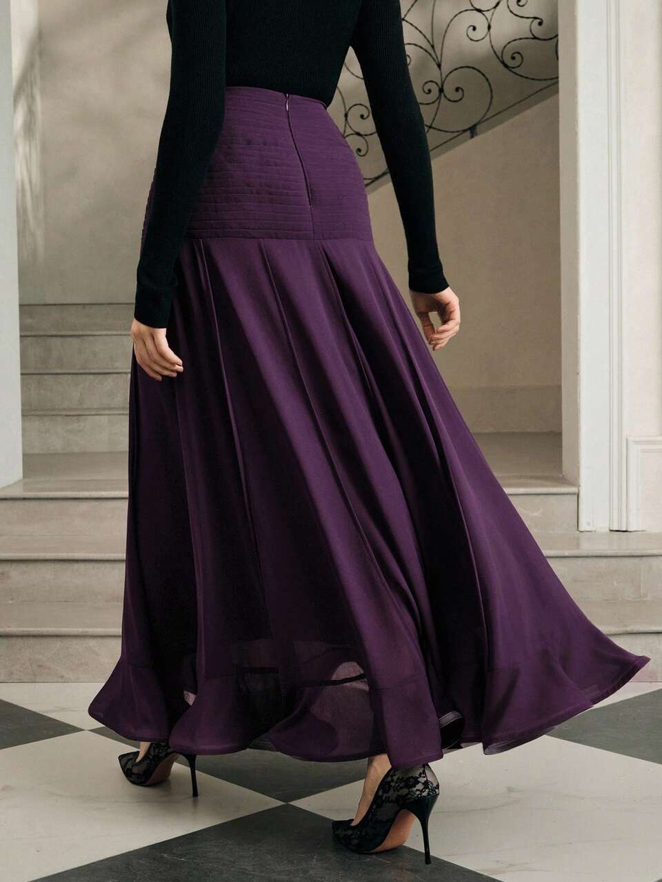 Elegant Fashion High Waist Pleated Purple Chiffon Ruffle Hem Long Skirt For Women, Party, New Year, Party, Wedding, Elegant, Chic, Stylish, Spring, Summer, Valentine