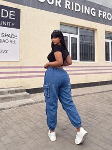 POPSWAY Plus Size Casual Solid Color Multi-Pocket Drawstring Cargo Pants - Multicolor - View 6