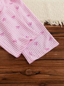 Young Girl Autumn/Winter Striped Bow Collar Long Sleeve Shirt And Pants Set, Suitable For Home And Outdoor Wear, Casual Back To School Long Sleeve Top - Pink - View 5