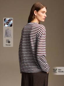 Ontre Women's Blue & Brown Striped Comfortable Fabric Loose Fit Drop Shoulder Long Sleeve Front 2 In 1 Tie Decor Design Modern Urban Fashion Business Casual Office Wear Low-Key Old Money Style Elegant Commute Airport Autumn Essential Premium Comfortable Old Money Women's T-Shirt - Multicolor - View 2