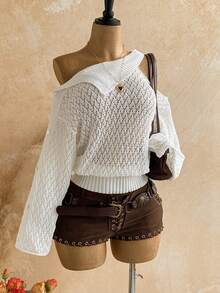 Soleia Women's Solid Color Asymmetric Collar Long Sleeve Hollow Out Loose Knit Sweater - White - View 3