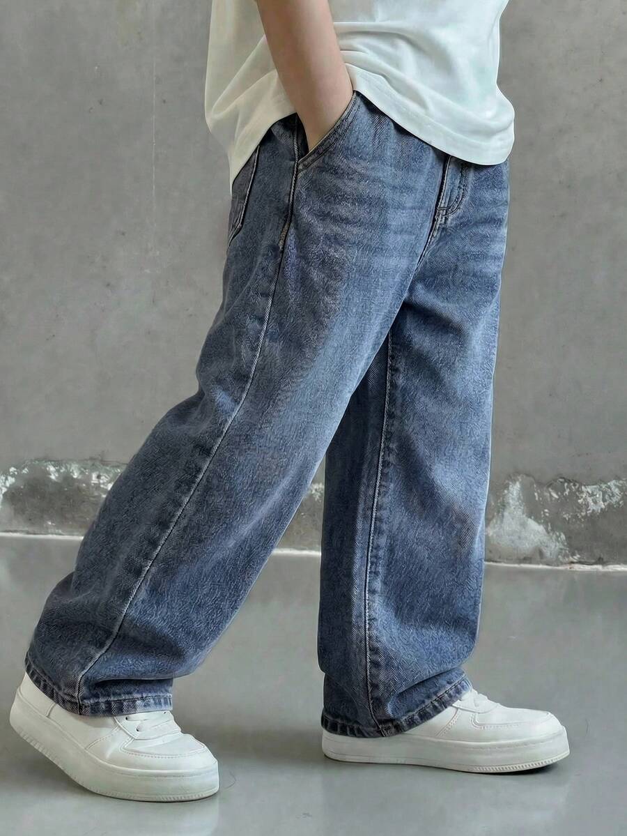 兒童青少年男孩休閒百搭日常旅行牛仔長褲,附口袋與鈕扣設計 - 深色水洗藍 - 查看 1