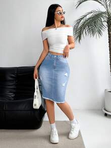 EMERY ROSE Rok Denim Pas Badan Kasual dengan Ujung Robek, Musim Panas - Light Wash - View 5