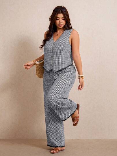 Elaquor Plus Size Women's Plaid Single-Breasted Top And Pants Casual Daily 2 Pieces Set Casual Daily Going Out Two Piece Set For Women Casual Office Work Sets