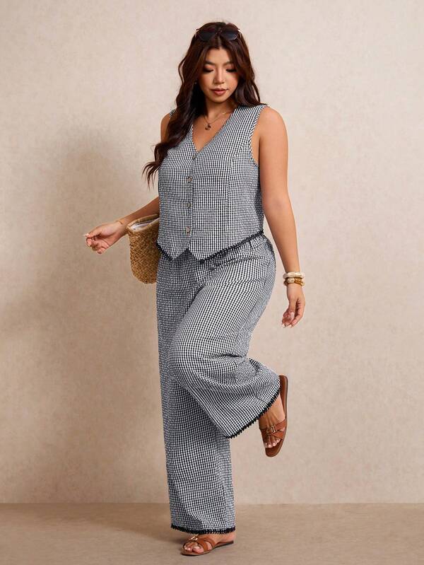 Elaquor Plus Size Women's Plaid Single-Breasted Top And Pants Casual Daily 2 Pieces Set Casual Daily Going Out Two Piece Set For Women Casual Office Work Sets