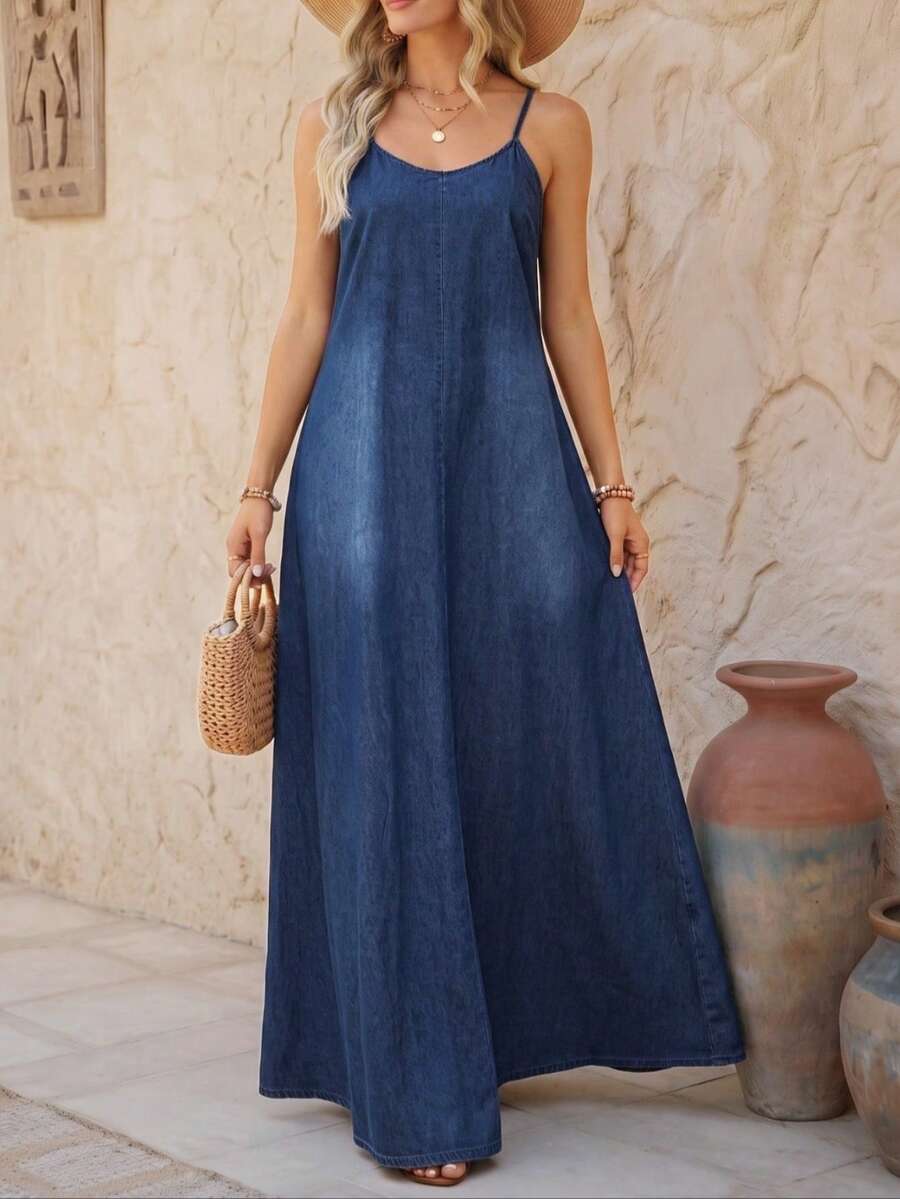 EMERY ROSE Vestido informal de mezclilla con tirantes y mangas sin mangas en unicolor para el verano - Azul lavado oscuro - Ver 1
