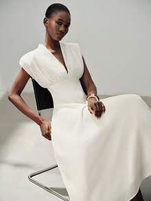 Aveloria Modichic Mixed Material Patchwork V-Neck Flutter Sleeve Ruched Padded Shoulder Women's Sleeveless Long Dress Elegant Off-White Chiffon Summer Wedding Dinner - Beige - View 1