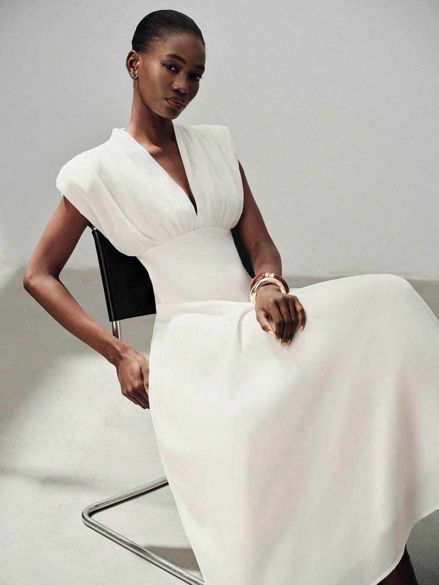 Aveloria Modichic Mixed Material Patchwork V-Neck Flutter Sleeve Ruched Padded Shoulder Women's Sleeveless Long Dress Elegant Off-White Chiffon Summer Wedding Dinner - Beige - View 1