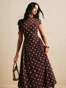 Poéselle Gaun Pesta Kasual Lipit Motif Polkadot untuk Wanita - Coklat tua - View 5