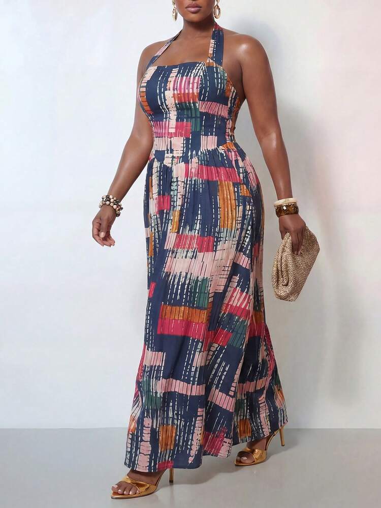 Zivah Plus Size Navy Blue Summer Boho Vacation Holiday Sleeveless Halter Tie Waist A-Line Maxi Dress,Batik Elements Woven Fabric Bohemian Beach Outfit - Multicolor - View 1