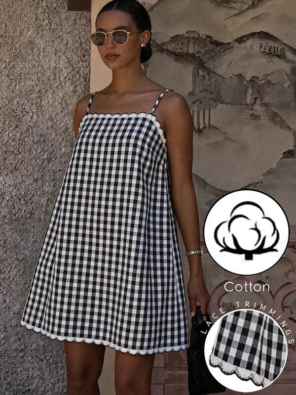 Cévolie Women's Fashion Casual Vacation Plaid Spaghetti Strap Dress