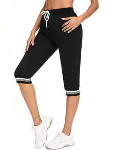EMERY ROSE Women's Black Summer Casual Heart Pattern Pants,Elastic Waist Drawstring Capri Pants For Women,Gym  Knee Length Quarter Pants,Vacation Vibe - Black - View 4