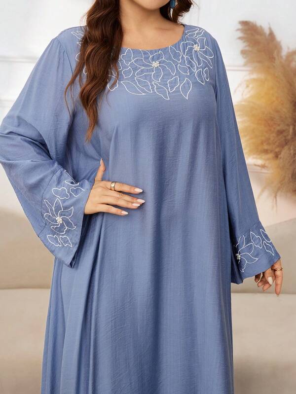 Al Najma Women's Round Neck Long Sleeve Embroidered Beaded Loose Comfortable Elegant Plus Size Arabian Dress