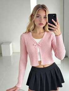 SHEIN 青少年女孩輕量蝴蝶結針織開襟衫，適合外穿 - 淺粉色 - 查看 7