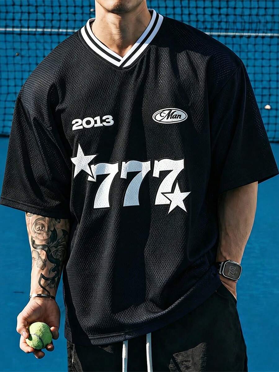 Sport MetroGents 男士字母刺繡短袖休閒百搭運動T恤 - 黑色 - 查看 1