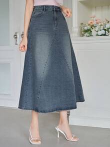 DAZY Spring Summer Autumn New Women's Casual Style Washed Pocket A-Line Denim Skirt - Dark Wash - View 6