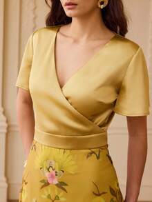 ZEYLAH Women's Floral Print Overlap V-Neck Short Sleeve Elegant Romantic Casual Dress Wedding Party Dinner Gold Summer - Yellow - View 2
