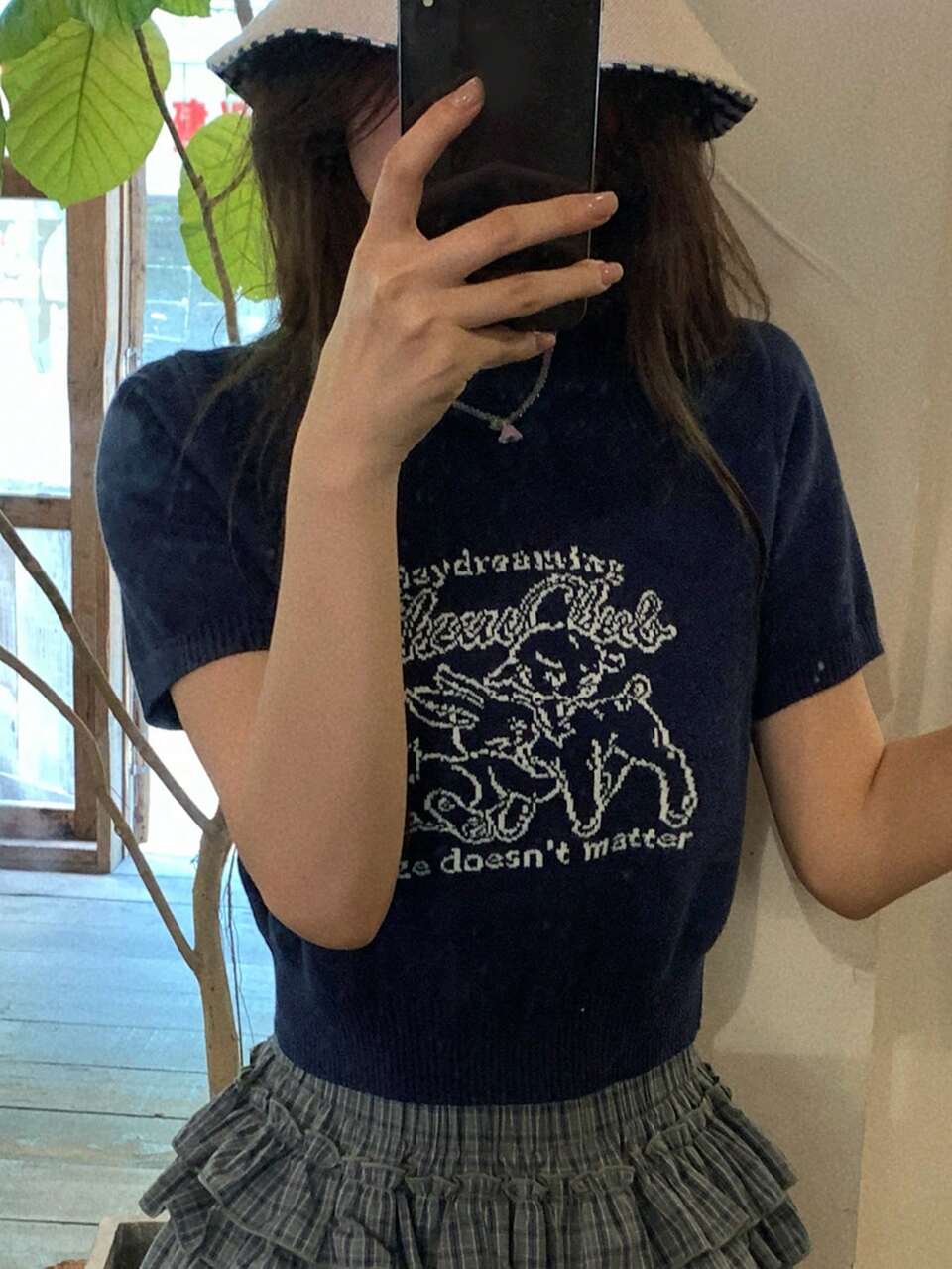 Women's Round Neck Short Sleeve Fitted Navy Blue Cartoon Letter Jacquard Knit Fabric Sweet Cute Cropped Knit Top