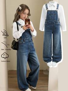 SHEIN Girls' Blue Denim Loose Overalls - Dark Wash - View 1