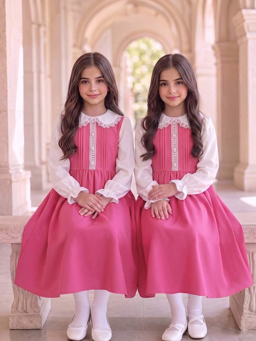SHEIN 少女開學季甜美公主風白色蕾絲飾領主教袖粉色A字洋裝 - 彩色 - 查看 1
