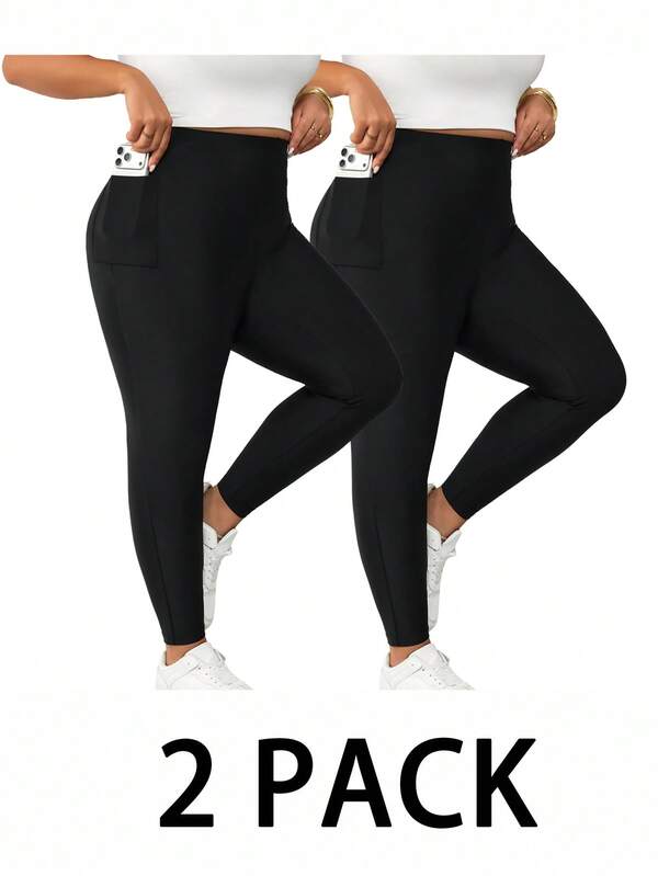 SHEIN CURVE+ 2pcs Plus Size Black Leggings With Pockets, Yoga Fitness Elastic Pants, Fall Winter 2026 22W