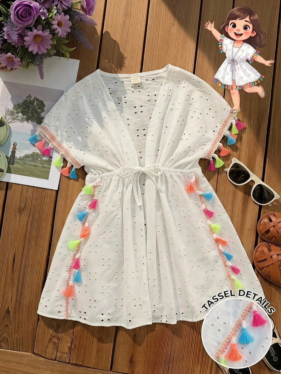 SHEIN LMoss Kids 少女度假休閒流蘇裝飾抽繩腰身洋裝 - 白色 - 查看 1