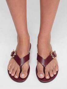 Grefit Ladies Round Toe Elegant Summer Burgundy Pu Flat Bottom Slippers - Burgundy - View 11