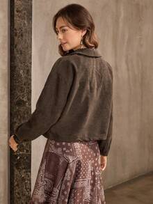 SHEIN LUNE 秋冬休閒燈芯絨翻蓋口袋主教袖夾克外套 - 巧克力棕 - 查看 2