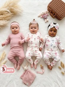 SHEIN Vintaside Kids 女嬰女童春秋多件套裝圓領長袖簡約休閒日常針織羅紋數位印花與素色上衣搭配休閒簡約時尚長褲套裝，適合日常居家休閒戶外公園散步露營度假穿著 - 彩色 - 查看 4