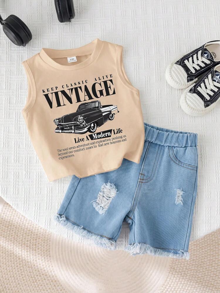 SHEIN 2pcs Baby Boy Summer Casual Street Chic Car Graphic Tank Top And Denim Shorts Set - Multicolor - View 4