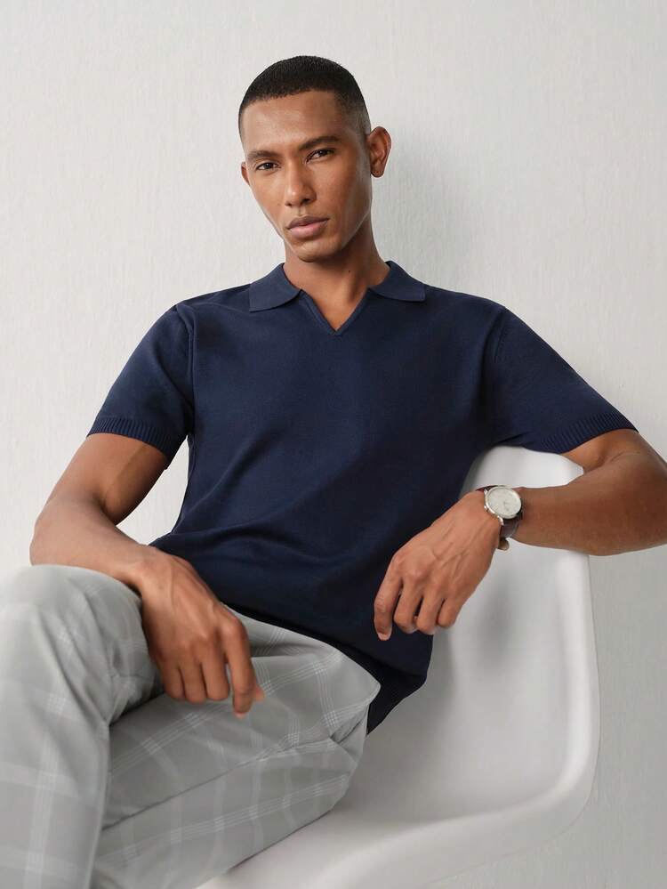 Manfinity CityGents Men's Casual Versatile Solid Color Short Sleeve Knit Top - Navy Blue - View 7