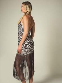 KSTM Zebra Print Halter Neck Cowl Asymmetrical Fringe Hem Midi Dress Summer Party Evening - Multicolor - View 4