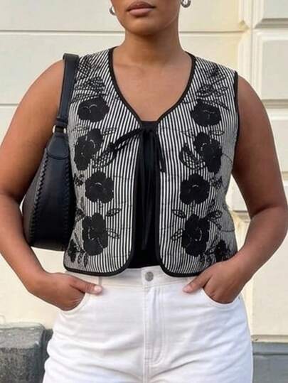 Solavibe Plus Size Striped Floral Print Sleeveless Top