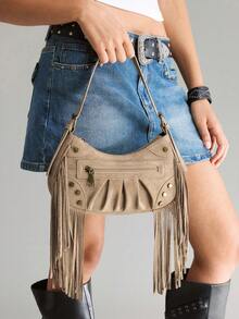 Viva Strut Tas Bahu Wanita Modis Warna Khaki dengan Rumbai Bahan Suede, Desain Resleting, Sederhana dan Serbaguna, Cocok untuk Penggunaan Sehari-hari, Belanja, Sekolah, dan Festival Musik - Khaki - View 2