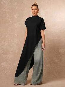 Lumalex Women's Solid Color Asymmetrical Hem Top - Black - View 9