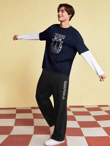 GARFIELD | SHEIN Men 2pcs/Set Casual Letter Cartoon Print 2 In 1 T-Shirt And Pants Set - Navy Blue - View 5