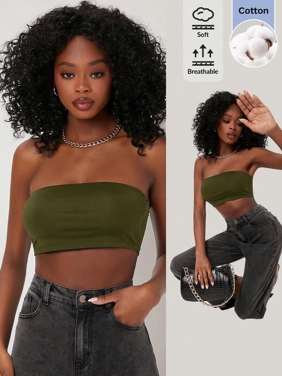 SHEIN BASICS 女款純色休閒日常穿搭抹胸上衣 - 軍綠色 - 查看 1