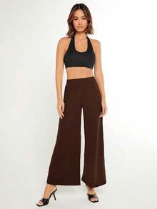 SHEIN BASICS 女款純色時尚百搭寬鬆寬腿褲 夏季女裝套裝 - 棕色 - 查看 5